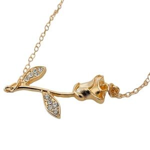 Women Gold Tone Glamorous Rose Bud Diamond Encrusted Pendant Necklace